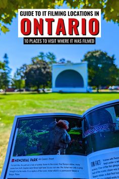 an open book with the title guide to filming locations in ontario on it's cover