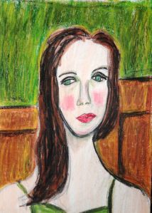 a drawing of a woman with long brown hair and green dress sitting in front of a window