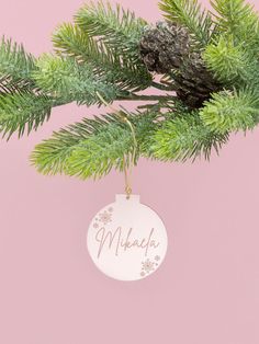 a christmas ornament hanging from a tree branch with the name miache on it