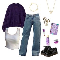 Speaknow Aesthetic, Cardigan Outfits Aesthetic, Purple Cardigan Outfits, Speak Now Cardigan, Shuffles Outfits, Cardigan Outfit Aesthetic, Monochromatic Fashion, Downtown Outfits, Causal Outfits