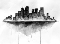 a black and white drawing of a city skyline with watercolor drips on it