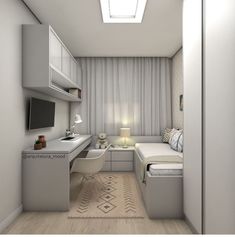 a bedroom with a bed, desk and television in the corner next to a window