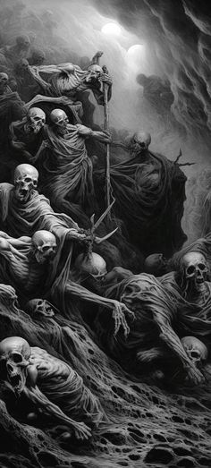 a black and white painting of skeletons on the ground