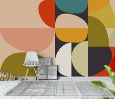 an abstract wallpaper design with circles and shapes in pastel colors on the walls