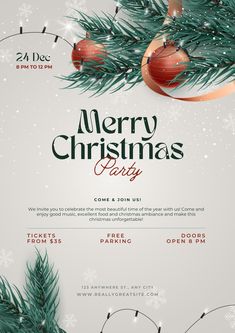 a christmas party flyer with ornaments on it