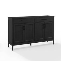 a black cabinet with three doors and two drawers on one side, in front of a white background