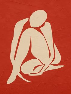 a red and white drawing of a person sitting on the ground