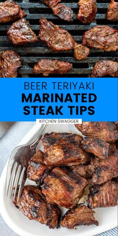 beef teriyaki marinated steaks on the grill with text overlay that reads beer teriyaki marinated steaks