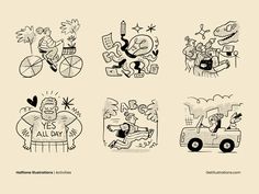 four different cartoon characters are depicted in black and white ink on a light colored background