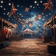 an image of a circus tent with lights and stars on the ceiling at night time