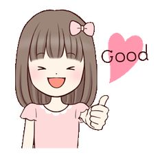 a girl giving the thumbs up sign with a heart above her head and good written on it