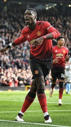 the man is celebrating his goal on the soccer field in front of an excited crowd