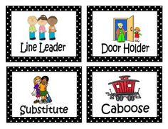 four black and white pictures with words that say line leader, door holder, caboose