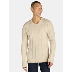 Georges Drop Needle V-Neck Sweater is handsome and versatile, easily completing your casual look. The drop needle stitching creates a subtle yet stylish texture, perfect for layering or wearing on its own. Whether you're headed to the office or enjoying a weekend outing, its timeless design ensures effortless style while providing warmth for all-day wear. Only at Walmart. Size: S.  Color: Beige.  Gender: male.  Age Group: adult. Walmart Fashion, Pullover Sweater Men, Henley Tee, Big Men, Pullover Men, Mens Crew Neck, Ribbed Sweater, Sweater Fashion, V Neck Sweater