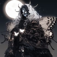 a woman with white hair and butterfly wings standing in front of a full moon sky