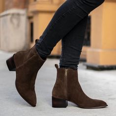 Women's Tempo 2" Heel Bootie In Brown Suede - Thursday Boot Company Thursday Boots Women, Dressy Ankle Boots, Thursday Boot Company, Thursday Boots, Brown Suede Boots, Boot Companies, Outfit Fall, Suede Ankle Boots, Metal Zipper