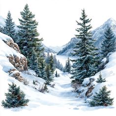 a painting of snow covered mountains with trees in the foreground and rocks on the far side