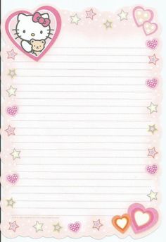 a hello kitty notepad with hearts and stars on it's border is shown