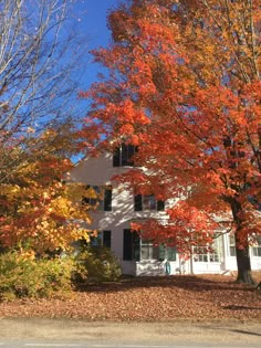 a white house surrounded by trees with orange and yellow leaves