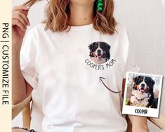 a woman wearing a t - shirt with an image of a dog on it