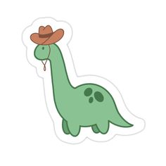 a green dinosaur sticker with a cowboy hat on it's head and eyes