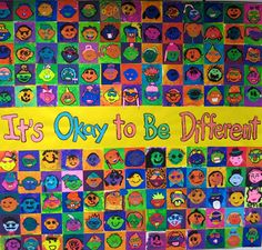 this is an image of a bulletin board with different types of faces on it and the words, it's okay to be different