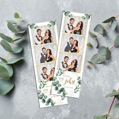 two wedding photo cards with eucalyptus leaves and greenery on the table next to them