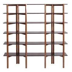 a wooden shelf with four shelves on each side