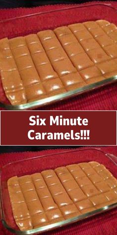 two trays filled with caramel squares on top of a red cloth