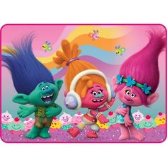 an image of three cartoon characters on a pink background