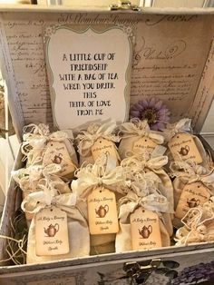 a box filled with tea bags and tags