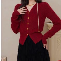 Brand New Red French Style Cardigan, Size L But Fits M Trendy Red V-neck Cardigan, Red Long Sleeve Cardigan For Winter, Long Sleeve Red Cardigan For Winter, Trendy Red Winter Cardigan, Chic Red V-neck Outerwear, Elegant Red V-neck Cardigan, Fitted Burgundy Cardigan For Winter, Classic Red Sweater For Fall, Fitted Burgundy Cardigan For Fall