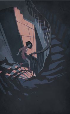 an animated image of a person climbing up the side of a stair case in front of a window