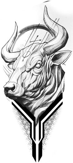 the head of an animal with long horns and geometric lines on it's face