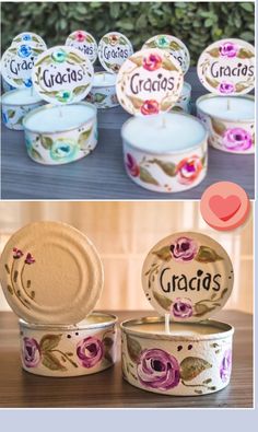 several different pictures with flowers on them and candles in the middle one is labeled gracias