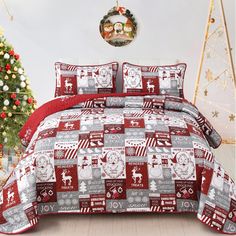 a christmas themed bed set with red and grey accents