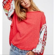 Very Oversized With Such Cute Sleeves, Slight Crop, Hard To Find In This Color Casual Red Tops For Spring, Oversized Red Summer Top, Relaxed Fit Red Top With Floral Print, Red Bohemian Tops For Spring, Red Bohemian Tops For Fall, Cute Sleeves, Red Striped Shirt, Free People Tunic, White Turtleneck