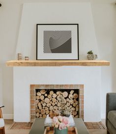 a living room filled with furniture and a fire place in front of a painting on the wall