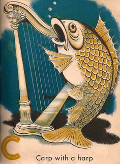 a drawing of a fish holding a harp with the caption carp with a harp