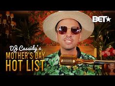 a man in a hat and sunglasses holding a microphone with the words, d c cediy's mother's day hot list