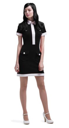 SALE! This navy blue & light cream jersey two tone 1960s uniform style dress has a collar, decorative shoulder tabs and functioning pockets on the bodice and the skirt. A light cream dividing bodice stripe with matching cuff and hem detailing complete a style that provides an adaptable wardrobe addition for both office and outing. This style is available in the as-shown navy blue/light cream contrast, as well as in red/light cream and black/light cream. Material provides flattering stretch. Requ Gothic Ballet, Plaza Princess, Ballet Academia, Uniform Style, Autumn Coat, Outfit References, Sixties Fashion, Uniform Fashion, Vintage Style Dresses