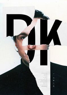 a collage of photos with the word dk on it and an image of a man's face through torn paper