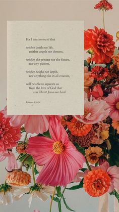 a bouquet of flowers with a poem written on the front and back side in white paper