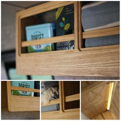 three different pictures show the inside of a wooden drawer with books and magazines in it