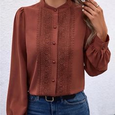 Brown Top Formal Tops For Women, Pretty Tops, Teacher Fashion, Fancy Shirt, Formal Tops, Business Formal Dress, Fancy Tops, Fashion Top Outfits, Bright Fashion