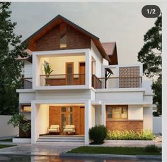 this is an artist's rendering of a two - story house in the evening