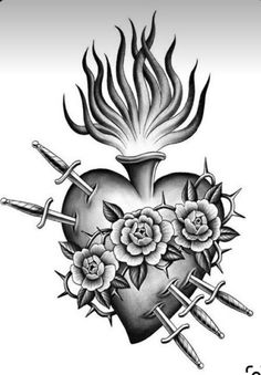 a heart with roses and swords on it, surrounded by flames in the shape of a flame