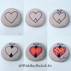 six painted rocks with hearts and ladybugs on them, all in different colors