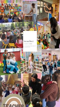 a collage of photos with children and adults in the background, including an image of teacher