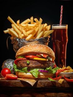 a hamburger and fries with a glass of beer